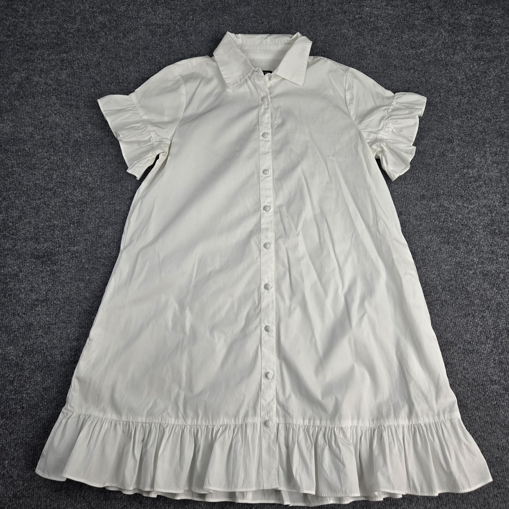 J Crew Shirt Dress Womens S White Button Front Ruffle Hem Short Sleeve Midi